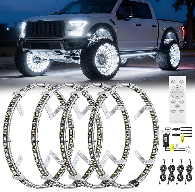 Nilight 4PCS 15.5inch Double Row LED Wheel Ring Lights Pure White with Remote Control w/Turn Signal Braking and Reverse Function Dual Row for Car Van SUV Truck