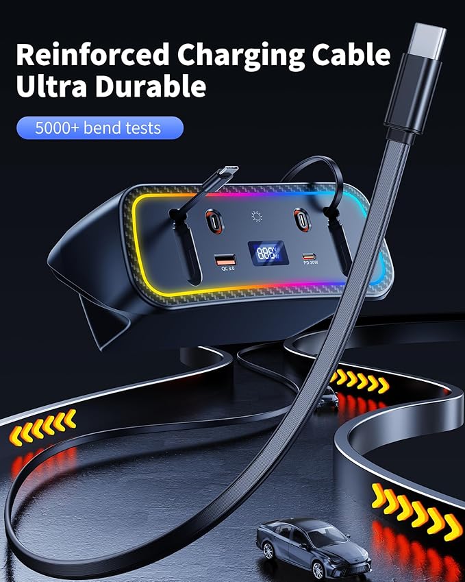 Car Charger Usb Hub with RGB Light for 2026 2025 2024 2023 2022 2021 2020 Toyota Corolla Accessories, 4-Port Docking Station with Retractable Cable, Phone Fast Charging Hub with Voltage Display