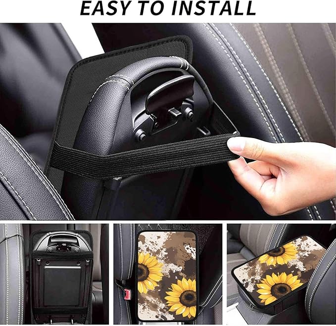 Universal Car Center Console Cushion Pad, Sunflower Flowers Brown Soft Waterproof Car Center Console Cover Auto Armrest Seat Box Cover Protector for Most Vehicle SUV Truck Car