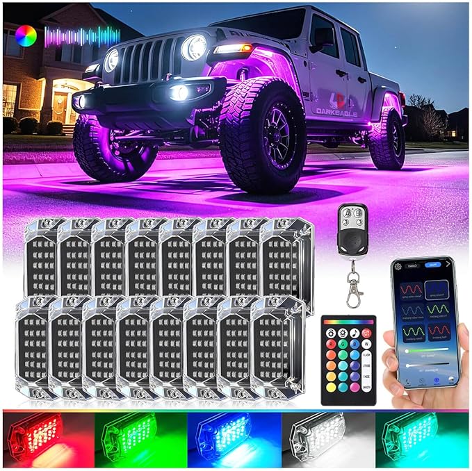 16Pods Full Angle RGB LED Rock Lights Kit for Trucks Pickup Jeep Gladiator Off-Road, 480Chip Waterproof Multicolor Underglow Light with APP/RF Remote, Pre Wired 12V Underbody Accent Light Dual Zone