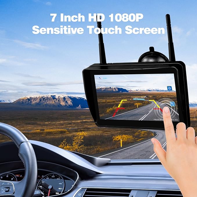 3-Camera Wireless RV Backup System, 7" 1080P Touch Screen with 1 Rear Camera for Furrion Pre-Wired Plug and 2 Side Cameras, IP69 Waterproof, IR Night Vision Camera for RV Trailer, WF703