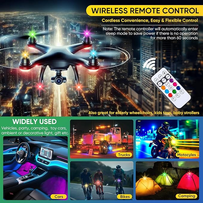 4PCS Wireless LED Lights with Remote Control, Upgraded 4LEDs 8 Colors, Interior Underglow Anti Collision Warning Strobe Light for Car Motorcycle Bike Drone Aircraft