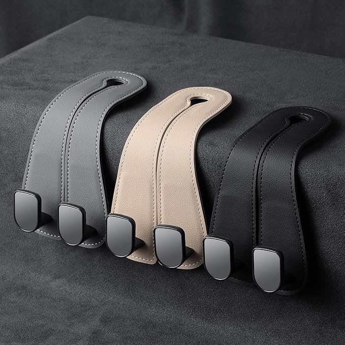 2 Pack KAFANLIN Car Headrest Hooks for Purses and Bags Cute Leather Car Seat Back Head Rest Double Hooks for Bags Cute Pink Beige Car Accessories Headrest Back Seat Handbags Hook (Black 2 Pack)