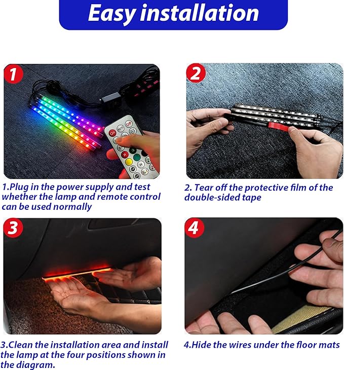 Car LED USB Interior Strip Lights with Remote Control, Dream RGB Color Car Ambient Lighting APP Control, Multicolor Footwell Under Dash Chasing Inside Light Kits for Cars ATV Truck, DC5V