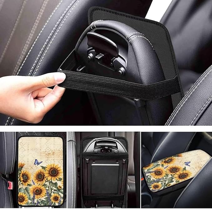 Dreaweet Car Center Console Cover Sunflower Car Accessories for Women Interior Universal Arm Rest Cover for Truck SUV Vehicle Armrest Cover Center Console Cushion Pad