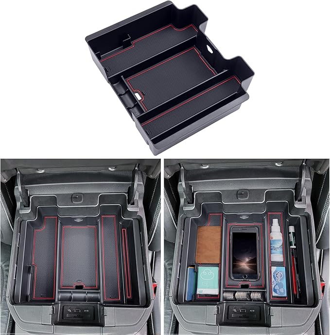 TOPINSTALL Red Center Console Organizer Compatible with 2019-2022 Silverado/Sierra 1500 and 2020-2023 Silverado/Sierra 2500HD 3500HD, Armrest Full-Size Tray (Full Console w/Bucket Seats ONLY)