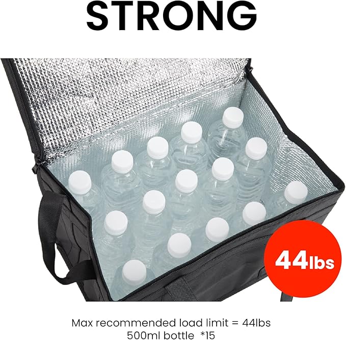NZ home Insulated Bags for Food Delivery (Large) Grocery Shopping Cooler Bag, Pizza Delivery, Hot & Cold Catering Tote, Reusable, Foldable & Heavy Duty (2 Pack, Black)