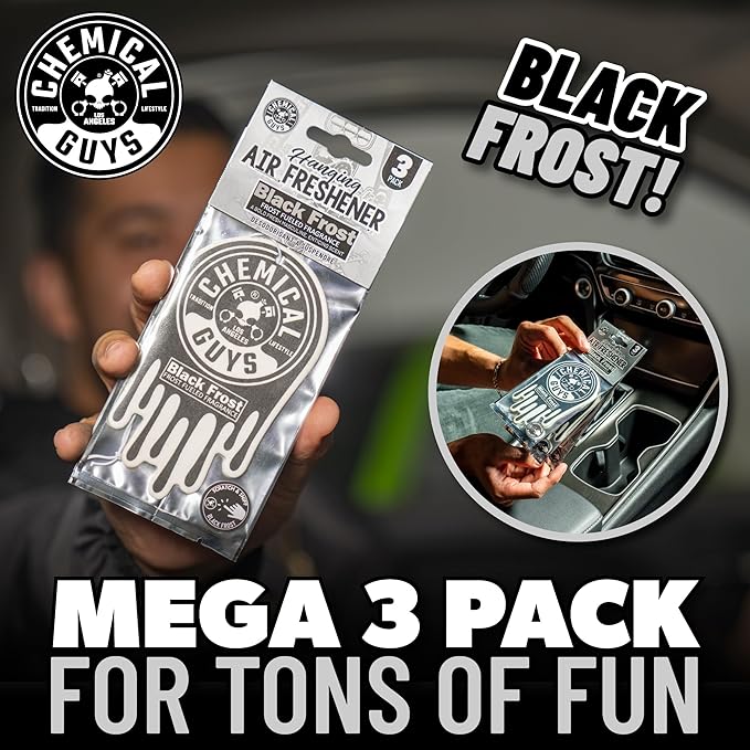 Chemical Guys Black Frost Air Freshener and Odor Eliminator, 16 fl oz Spray with 3 Pack of Hanging Air Fresheners (Great for Cars, Trucks, SUVs, RVs, Home, Office, Dorm Room & More) - HOL432