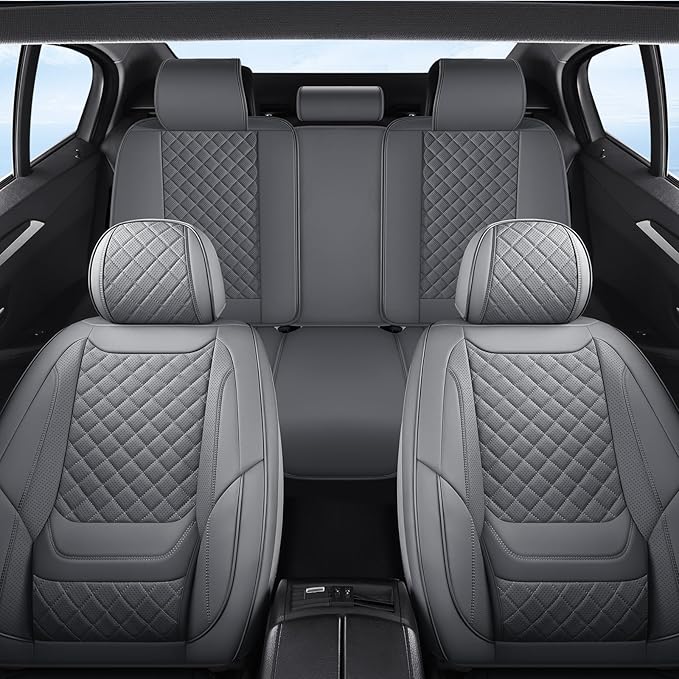 Chezope Car Seat Covers Full Set, Grey Leather Seat Covers, Breathable Front and Back Car Seat Protectors, Wear-Resistant Seat Covers Universal Fit for Most Cars SUV Truck (Grey-Diamonds, Full Set)