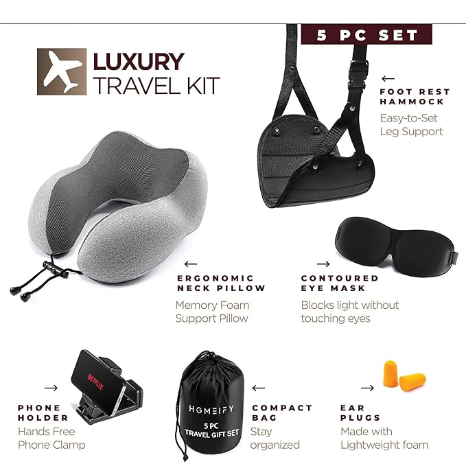 Homeify Airplane Travel Kit – Adjustable Memory Foam Airplane Neck Pillow with Phone Holder, Eye Mask, Foot Hammock, and Earplugs – 6 Piece Plane Travel Essentials for Long Flights