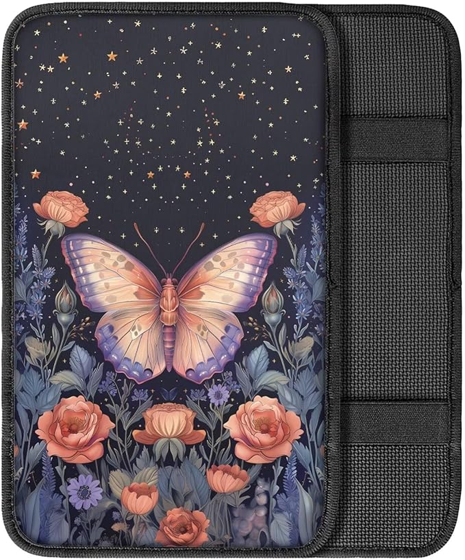 Suobstales Butterfly Rose Flower Print Car Armrest Pad Soft Center Console Arm Rest Protector Cover Universal Car Interior Accessories Decoration