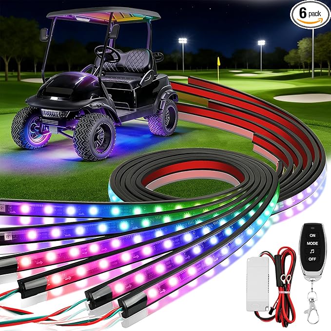 6PCS Golf Cart Underglow LED Light Kit, 28 Modes Full-Body Neon Glow, 12-85V, Music Sync, Wireless Remote, Waterproof Strips, Fits EZGO, Club Car, Yamaha Golf Carts, 6 Pack
