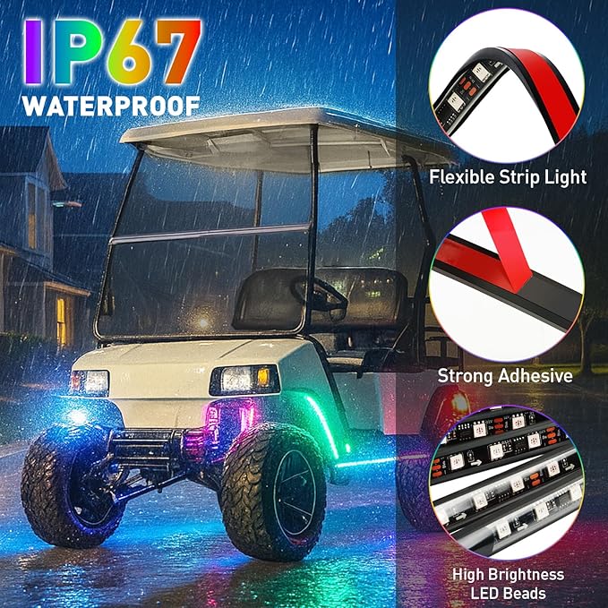 Golf Cart Underglow LED Light Strip Kit, 28 RGB Modes with Music Sync & Wireless Remote | 12-85V Wide Voltage, Fit Club Car, EZGO, Yamaha (2/4/6 PCS)