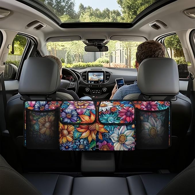 Boho Floral Blossoms Trunk Organizer Car Women Large Capacity Hanging Car Organizer Collapsible Cargo Bag,Easy to Install