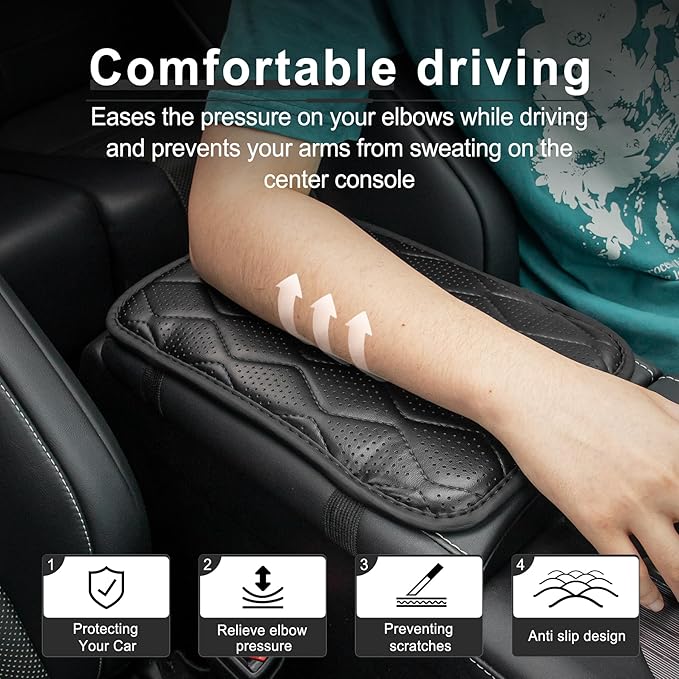 Amiss Auto Center Console Pad, Universal Waterproof Car Armrest Seat Box Cover, Car Interior Accessories, Breathable Leather Auto Armrest Cover Protector for Most Vehicle, SUV, Truck, Car (Black)