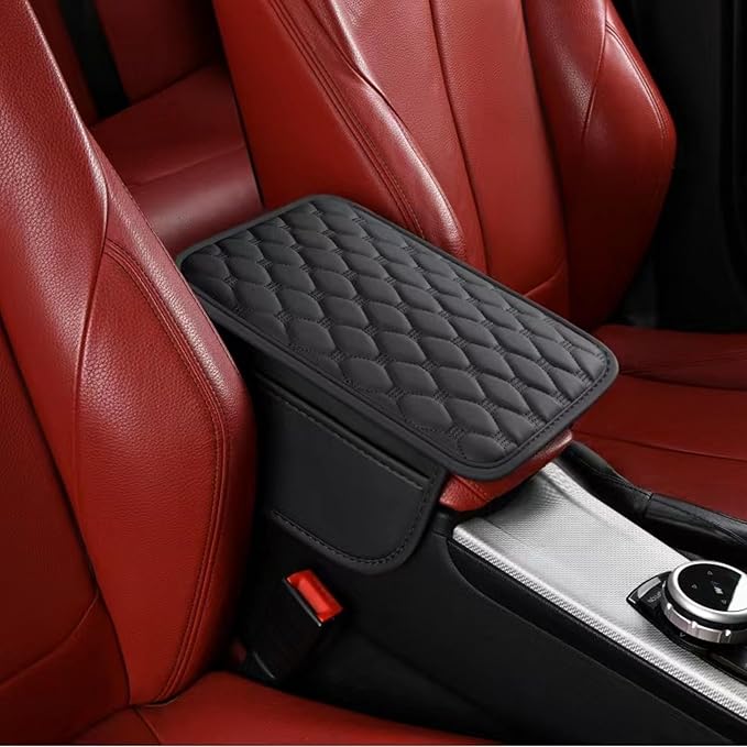 Thin Car Center Console Cover, PU Leather Armrest Cushion with 2 Side Storage Pockets, Universal Car Interior Accessories for Most Vehicles/SUV/Sedan (Thin-Diamond Stitch, Black)