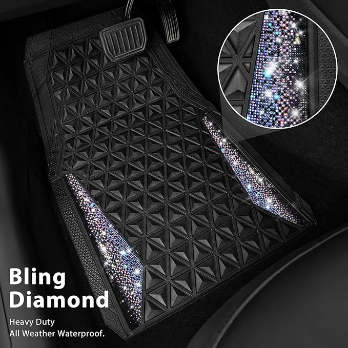 CAR PASS Dazzle Colour Change Car Mats Diamond Floor Mats Full Set Anti-Slip 3D Rhombus Waterproof Universal Trim Fit Liner Glitter Crystal Sparkly Shining Rhinestone Girl Women SUV Sedan Van Colorful