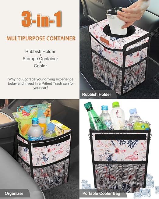 Pritent Car Trash Can with Lid, Cute Leakproof Car Trash Garbage Bag Hanging Vehicle Trash Bin Small Portable Automotive Garbage Cans Organizer for Back/Front Seat(Trapezoid,Flamingo Print