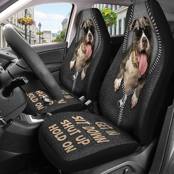 GENANY Funny Pitbull Car Seat Covers Set of 2, Dog Breathable Front Seat Covers for Truck Sedan SUV, Funny Dog Car Accessories, Pitbull Gift for Women Men