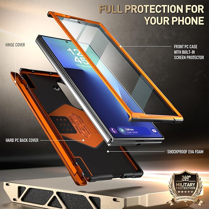 Poetic Spartan for Samsung Galaxy Z Fold 7 Case, [Hinge Protection][Magnetic Ring Adjustable Stand][Built-in Screen Protector][Compatible with MagSafe] Full-Body Rugged Phone Case, Metallic Orange