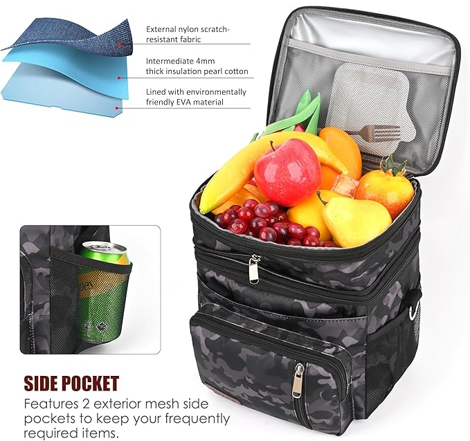 MIYCOO Lunch Bag & Lunch Box for Men Women, Double Deck Leakproof Insulated Soft Large Adult Camping Cooler bag for Work, Beach, Picnic, Travel (Black Camo, 15L)
