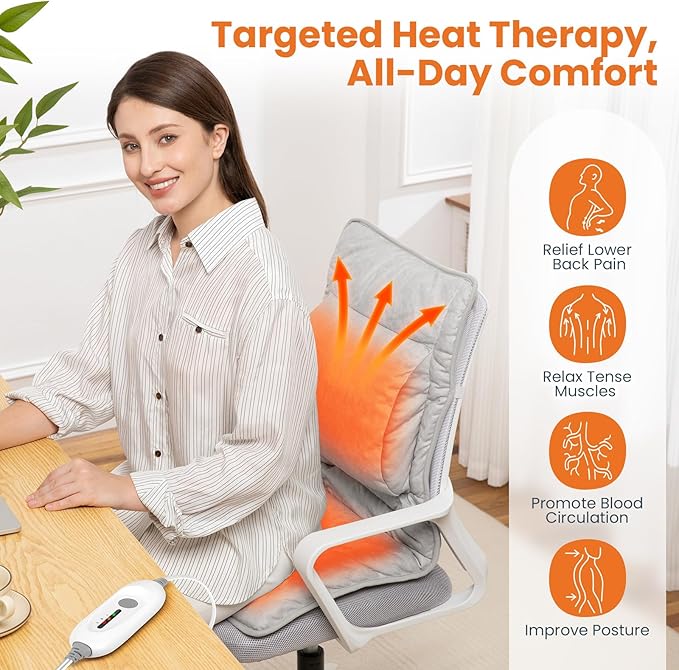 Heated Seat Cushion for Office Chair with Lumbar Support, Extra Large Heated Chair Pad for Pain Relief, Auto Shut Off, 3 Heating Levels, Chair Warmer for Full Back, Waist, Hip, Thigh, Home Use, Grey
