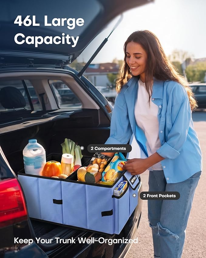 HOTOR Trunk Organizer for Car - Car Organizer, Foldable Trunk organizer for SUVs & Sedans, Sturdy Organization for Car Accessories, Tools, Sundries, Blue, 2 Compartments, 21.3"×12.6"×10.6" | Foldable, Sturdy Organization, for Car Accessories, Tools, Su...