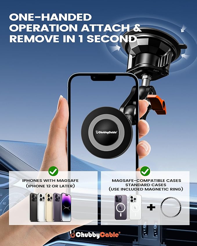 chubbycable ChubbyGrip Magnetic Car Phone Holder 360° Adjustable Car Phone Mount for Windshield, Ultra-Durable Metal Suction Cup Phone Mount for iPhone Samsung All Smartphone, Magnetic
