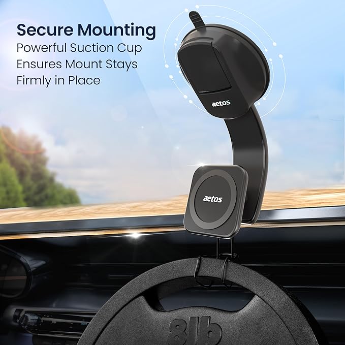 aetos for iPhone MagSafe Car Mount Magnetic Phone Holder with Adhesive Suction Base, Fits iPhone 17/16/15/14 Pro/Plus/Max and Android Phones with Ring Adaptor, Ideal for Dashboard and Windshield