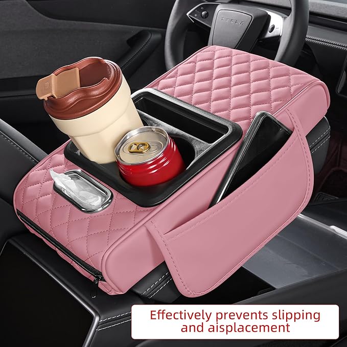 5 in 1 Car Center Console Cover, Armrest Pad with 2 Storage Pockets, Cup Holder, Tissue Box Slot, Phone Holder, Universal Car Interior Organizer (Pink)