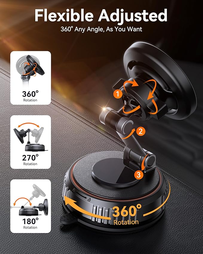 Miracase for MagSafe Car Mount[3600gf Strong Magnet & 89+LBS Suction Base]Vacuum Magnetic Phone Holders for Your Car, 360° Adjustable Dashboard & Windshield Mount with Dash Accents for All Smartphones
