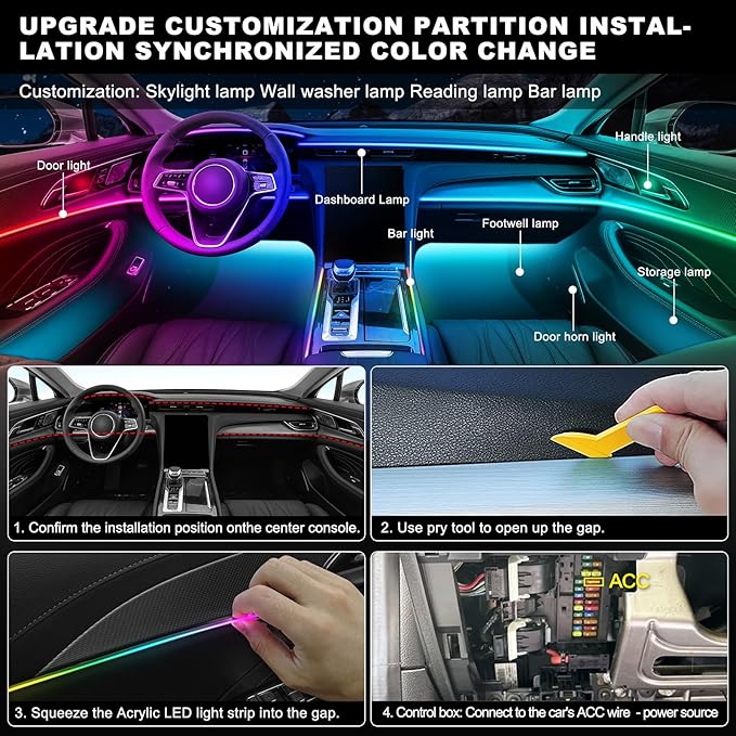 Acrylic Interior Car LED Strip Light with Wireless APP, RGB Dreamcolor 10 in 1 with 175 inches 600 LEDs Fiber Optic Strip Lights for Car, Dynamic Chasing Sound Active Neon Car Ambient Lighting Kits