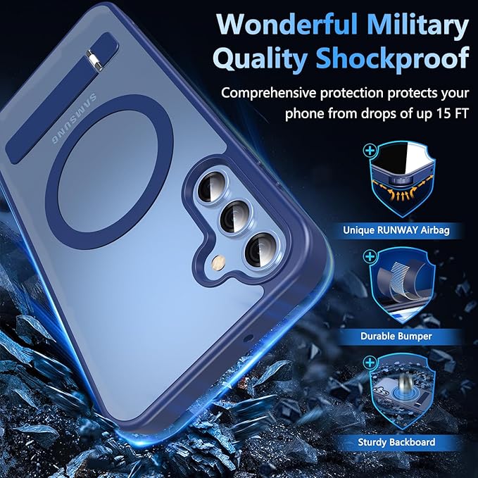 OWKEY for Samsung Galaxy A15 5G Phone Case with Screen Protector & Stand, Magnetic Case for Magsafe Military-Grade Protection Shockproof Matte Cover for Samsung Galaxy A15 5G (Blue)
