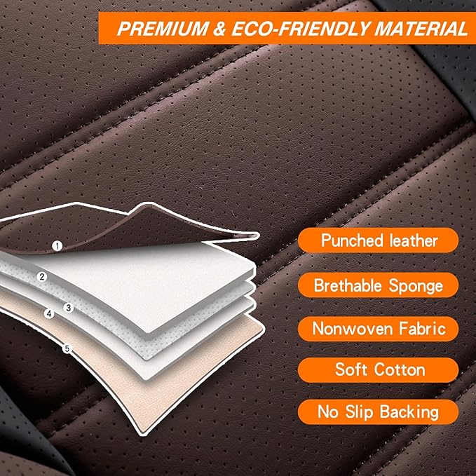 Car Seat Covers Full Set, Brown Car Seat Cover Lumbar Support, Car Seat Protector Waterproof, Nappa Leather Car Seat Cushion, Front Seats and Back Fit for Most Cars