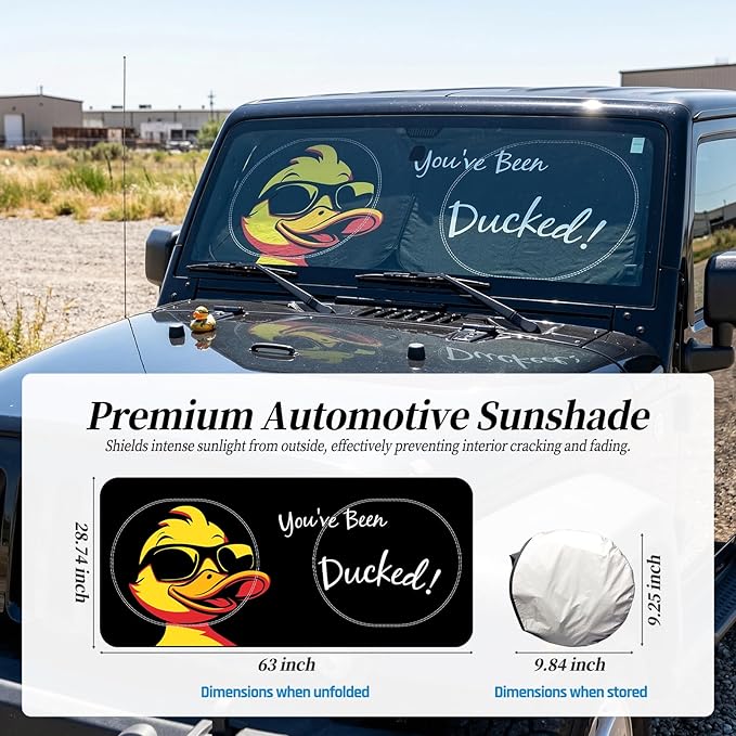 63"x28.5" Car Windshield Sun Shade with Storage Pouch, Stylish Printed Front Window Sunshade with Double Ring Frame, Universal Fit Foldable Heat Blocker & UV Protector for SUV, Sedan (Duck)