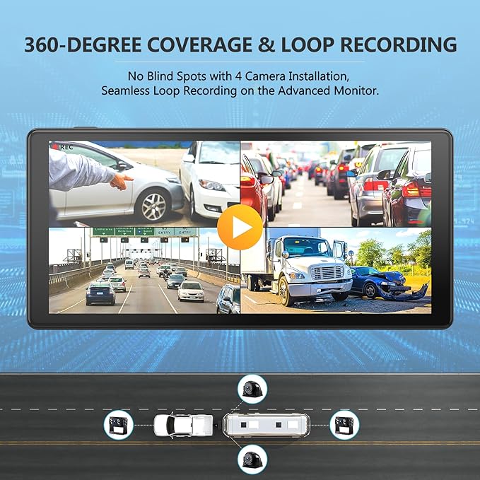 4K RV Backup Camera System 10.36" Quad Split Touchscreen Monitor 4 1080P HD Rear View Cameras DVR Recording Bluetooth Music USB Video Play IP69 Waterproof Night Vision for Trailer RV Truck etc