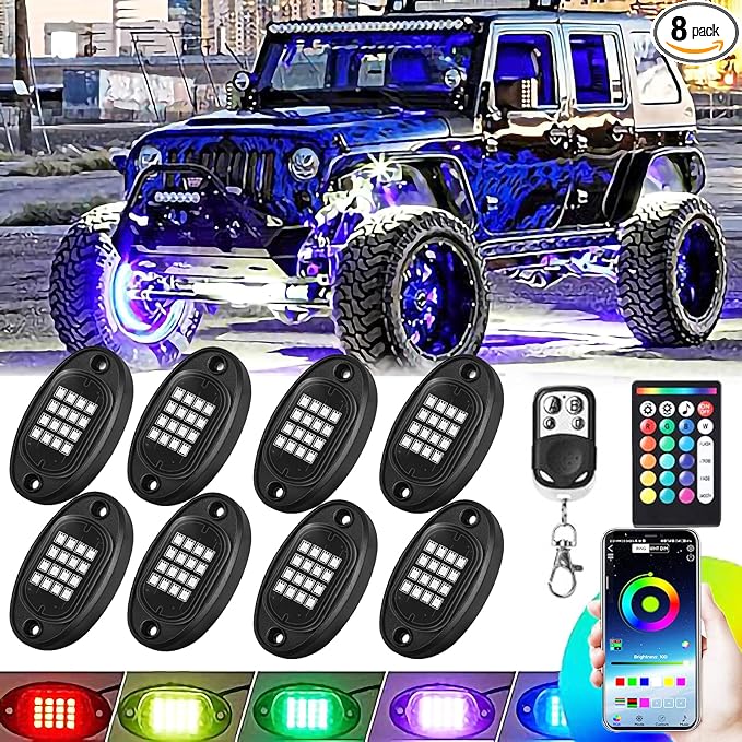 8 Pods RGB LED Rock Lights for Jeeps Trucks Golf Cart ATV UTV RZR SUV Offroad Pickup Car, Waterproof Multicolor Underglow Kit with APP Music Mode Underbody Neon Light Vehicle Underneath Accent 12V