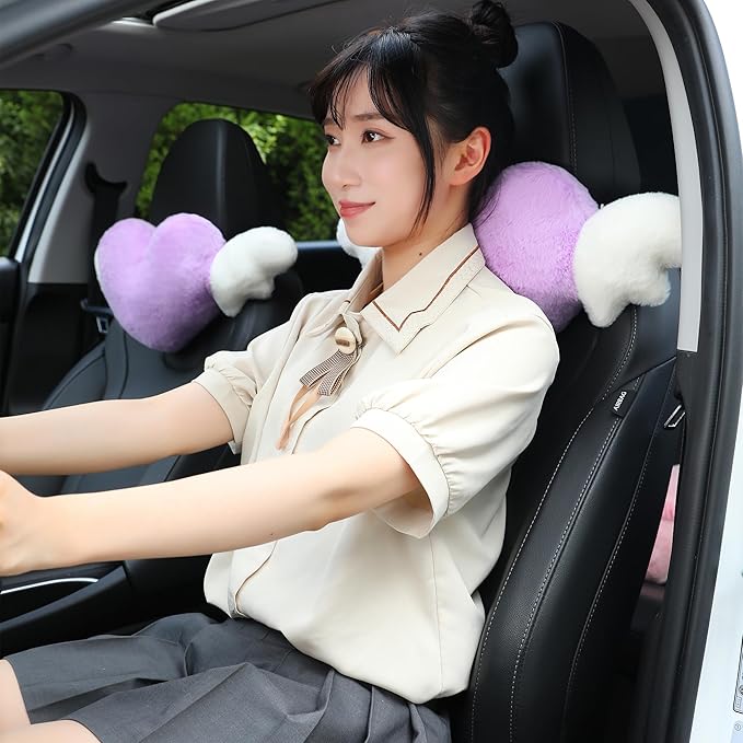 2 Pack Heart Shaped Cute Car Headrest Pillow with Angel Wings - Comfortable Soft Head Rest Cushion Kawaii Car Accessories Neck Pillow for Driving Travelling Office Home Decor - Lavender Love Heart