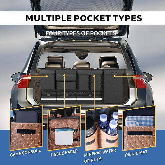 Backseat Hanging Organizer with Large Storage Bags | PU Leather, Large Capacity | Adjustable Straps, Waterproof & Collapsible | Universal Fit for SUVs, Sedans & Trucks | Brown, 37.8" x 18.1" - P810