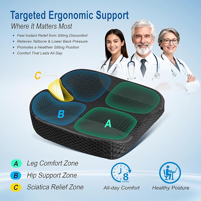 Car Seat Cushion: Ergonomic Memory Foam Cushion for Driving and Long Drives, for Sciatica and Back Pain, Seat Pillow for Car, Truck, Office Chair, Home, Wheelchair- Black