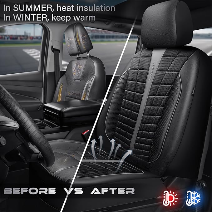 CAR PASS 3D Air Mesh Seat Covers for Car, Leather Car Seat Cover Front Seats, Breathable Foam Premium Leather Mesh Front Seat Covers Universal Fit for Cars Sedans Trucks Vans SUVs, Black Gray