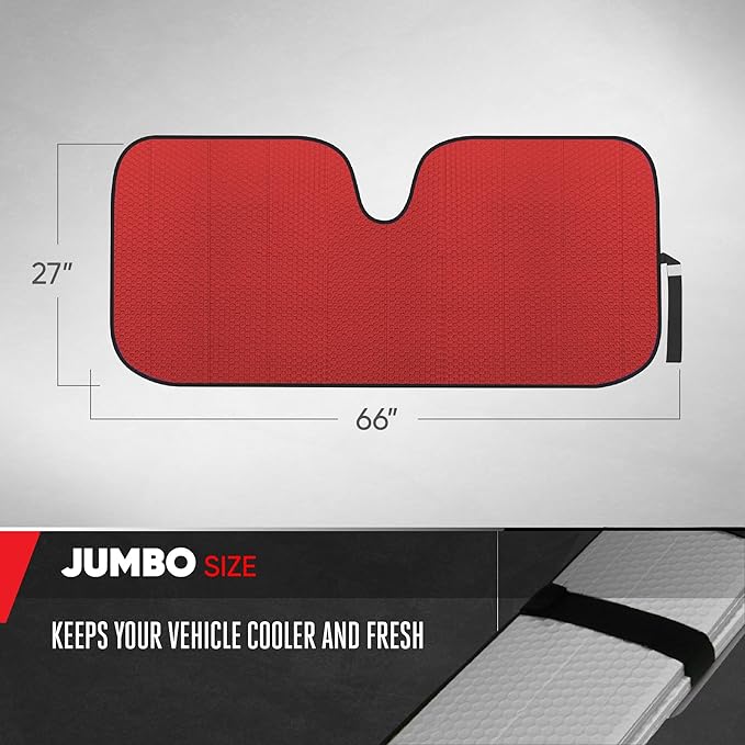 Motor Trend Red Accordion Folding Car Windshield Sun Shade - Blackout Sun Visor for Car Windshield - Foldable Jumbo Sunshade and Front Window Truck Sun Screen for UV Sun Protection - 66 x 27