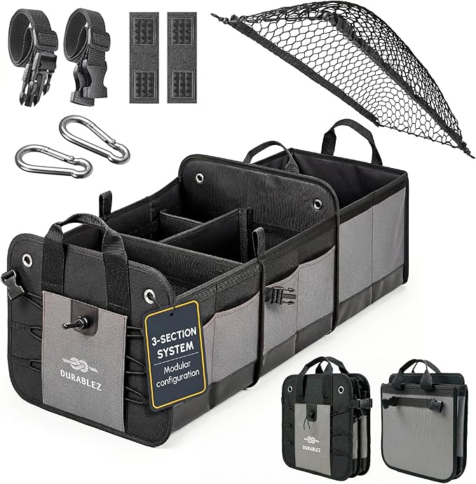 3-Section Modular Trunk Organizer XL – Car Storage for Groceries, Cleaning Supplies, Tools, Sports Gear – Foldable L-Shape Cargo Bin – Gray