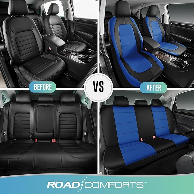 Road Comforts Car Seat Cover, Leather Car Seat Cover Full Set, Automotive Front Rear Seat Covers, Airbag Compatible Universal Fit for Most Cars (Blue)
