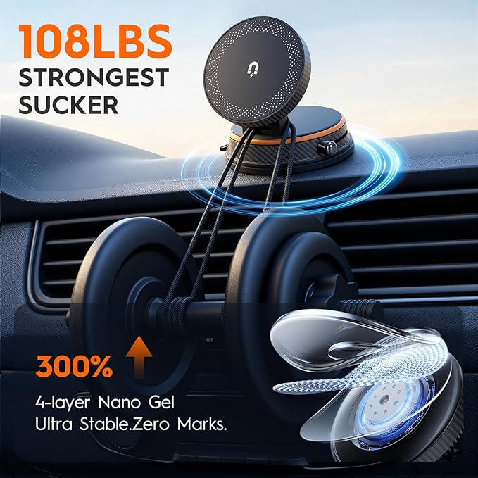 Magnetic Car Phone Holder for MagSafe, 15W Wireless Charging, 360° Adjustable Dashboard Mount, Compatible with iPhone 12-17 & Android（Orange
