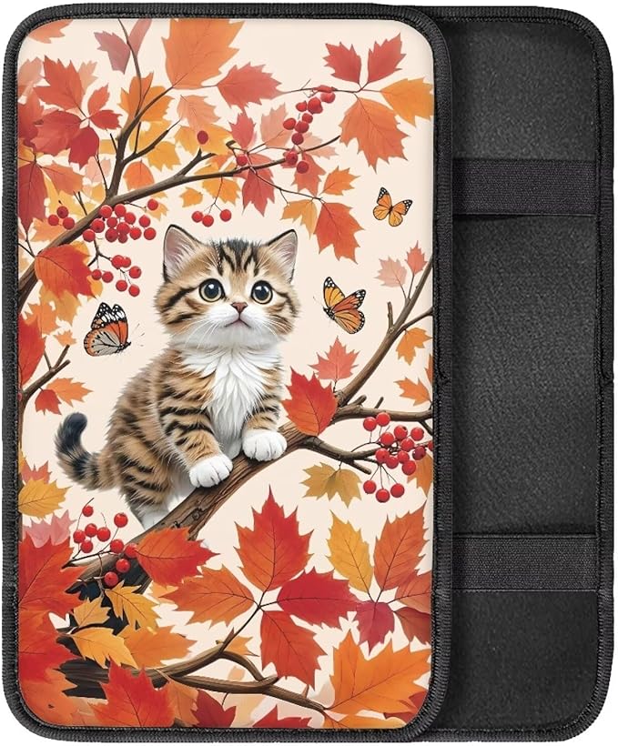 Maple Leaves Cat Soft Armrest Seat Box Cover Car Armrest Cushion Car Decor Protective Car Accessories Universal Fit for Most Cars, Vehicles, SUVs