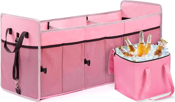 Car Trunk Organizer with Individual Cooler Bag - 3 Compartments Trunk Organizer for Car Collapsible Car Storage Organizer for SUV (Pink)