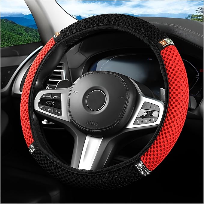Bling Car Steering Wheel Cover, 15 Inch Crystal Rhinestones Elastic Stretch Breathable Vehicle Steering Wheel Protector for Women Girls, Universal Auto Interior Accessories (Black Red)