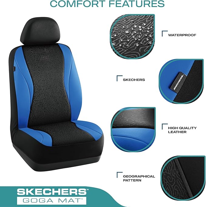 Skechers Car Seat Covers,Leather Seat Covers with GOGA Mat Technology,Waterproof Car Seat Covers Front Seats,Airbag Compatible,Comfort Universal Fit for Most Cars,Vans,Trucks,SUVs,Blue