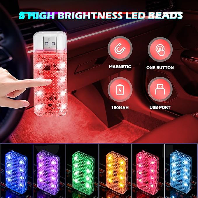 4 PCS Car LED Lights, USB Plug-in Rechargeable 8 High-Brightness LED Beads,Portable Mini Touch Control Dimmable Night Light for Car/Bedroom/Party/Holiday Decoration (2Red&2Blue)